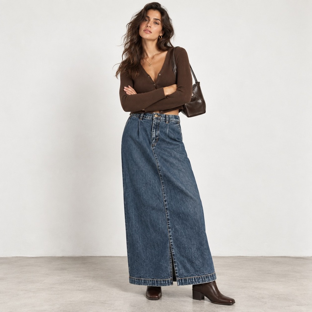 Eddie Bauer Vinatge Pleated Denim Women Maxi Skirt Cognac Cotton Petite 2